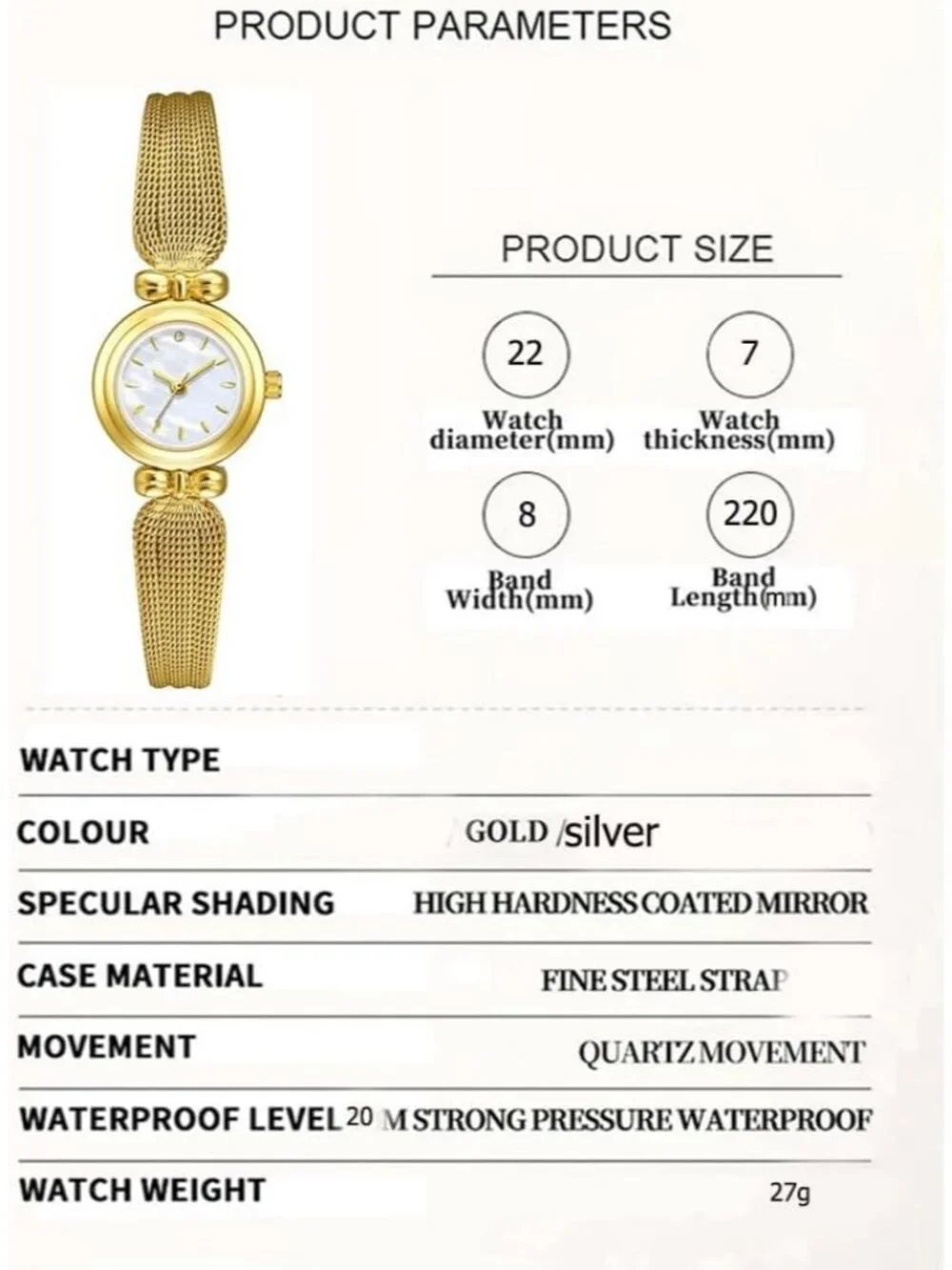 Women's Gold White Stainless Steel Mesh Strap Elegant Ladies Quartz Wrist Watch